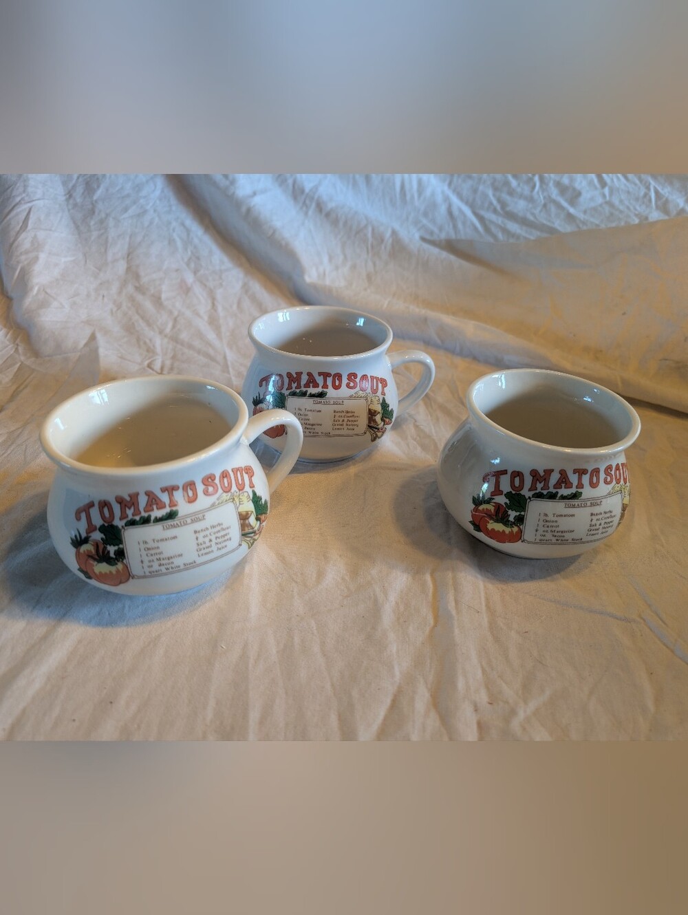 2/80$ Vintage White Tomato Soup Mugs with Red and Green Print - Vintage